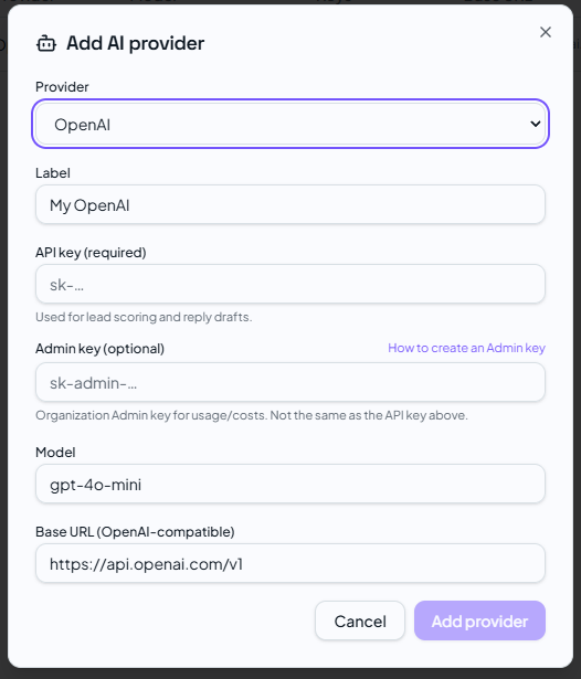 How to create an OpenAI Admin API key for LeadWatchio